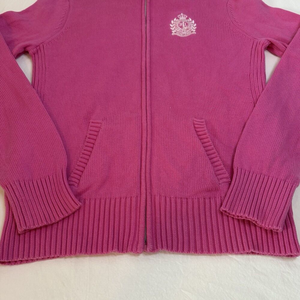 Lauren Ralph Lauren Cardigan Sweater Full Zip Pink Med Knit Women Old Money Logo - Picture 4 of 14